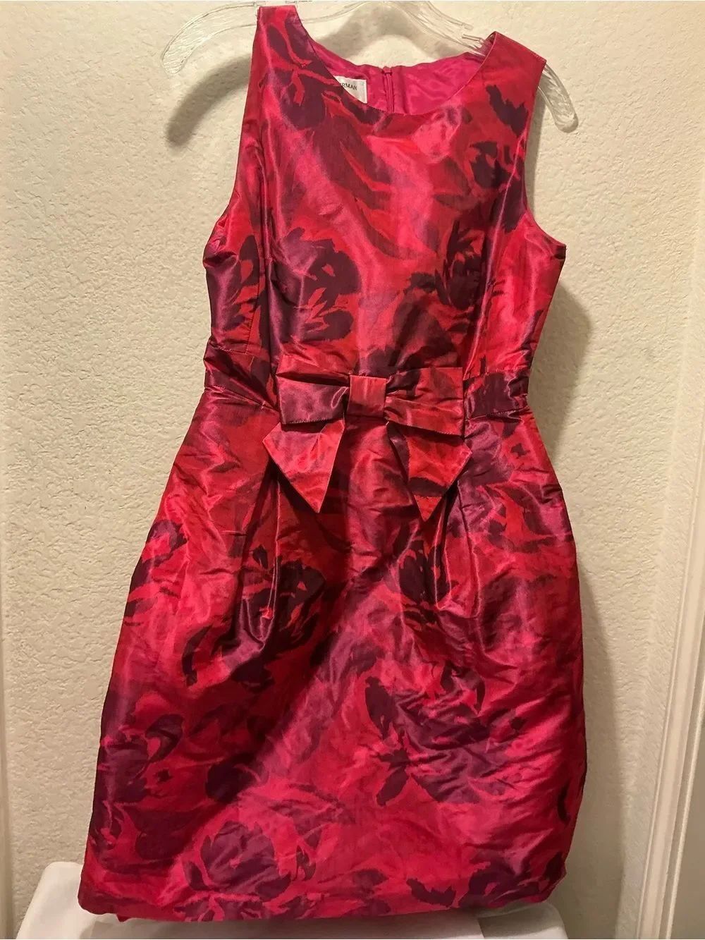 Helene Berman Red and Burgundy Floral Satin Dress with Waist Bow
